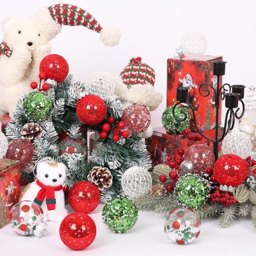 25PCS Christmas Ornaments Set, 2.36/6CM Assorted Clear Plastic Shatterproof Ball Hanging Ornaments for Xmas Tree Decorations, for Indoor Home Holiday Decor - Red/Green/White.