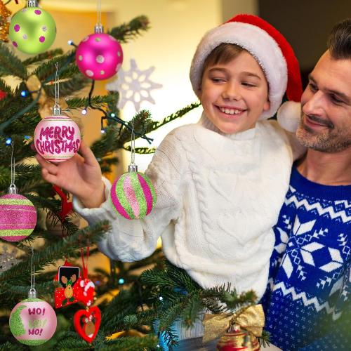 Vercraft 12 Pcs 2.4 Inch Christmas Ball Ornaments for Tree, Xmas Glittering Hanging Bulbs Pink and Green Plastic Pendants Baubles for Christmas Tree Ornaments Xmas Holiday Party Decor Favors