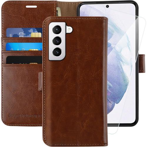 MONASAY Wallet Case Compatible for Galaxy S21 5G, 6.2 inch,[Screen Protector Included][RFID Blocking] Flip Folio Leather Cell Phone Cover with Credit Card Holder, Brown