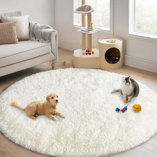 Round White Rug for Bedroom, 5 ft Circle Area Rugs for Living Room, Soft Fluffy Shag Carpet for Teen Girls Boys Nursery Room Dorm Home Decor Aesthetic