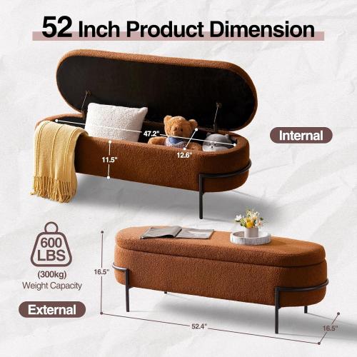 Size 52 Color brown Sherpa Storage Ottoman Bench for Bedroom, Brown End of Bed Bench with Storage, Upholstered Boucle Storage Bench with Metal Stand and Hinges, Oval Ottoman for Living Room, 52 Inch