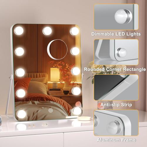 Hasipu LED Makeup Mirror with Bluetooth Speaker, 11 x 14 Hollywood Vanity Mirror with Lights, Rounded Rectangle White Frame, 3 Modes Light, Smart Touch Control Dimmable, 360°Rotation