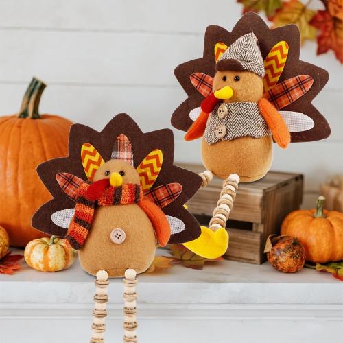winemana 2 Pack Thanksgiving Turkey Decorations - Stuffed Animal Shelf Sitters with Dangling Legs for Table, Cute Turkeys Figurine Fall Decor for Home, Porch & Indoor Mantel Holiday Decor