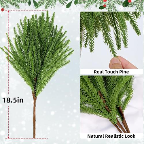 16PCS 18.5 inches Christmas Norfolk Pine Branches,Artificial Faux Greenery Stem,Norfolk Pines Picks for Garland Wreath Xmas and Home Garden Decor