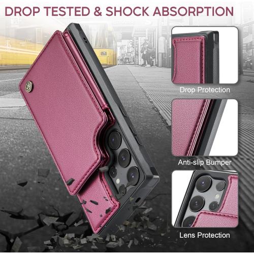 Vinich for Samsung Galaxy S25 Ultra Wallet Case with Card Holder, RFID Blocking Credit Slots Kickstand Shockproof Phone Cover for Women Men, Wine Red