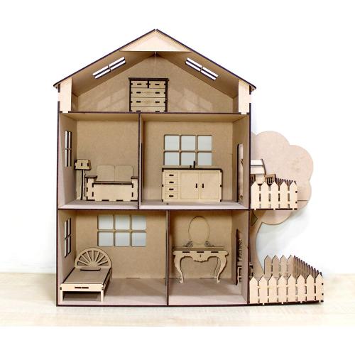 StonKraft Wooden 3D Puzzle Doll House - Home Decor, Construction Toy, Modeling Kit, School Project - Easy to Assemble (Doll House with Furniture)