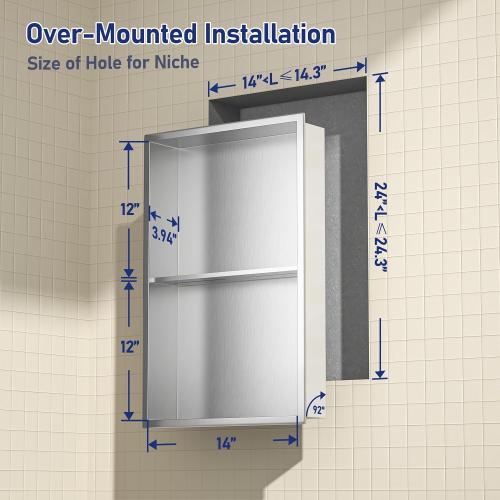 Stainless Steel Shower Niche Brushed 24 X 14 No Tile Needed Niche | Recessed shower niche with 2 tiers shelf,space-saving,vertical niche，silver bathroom niche shower for shampoo & soap storage