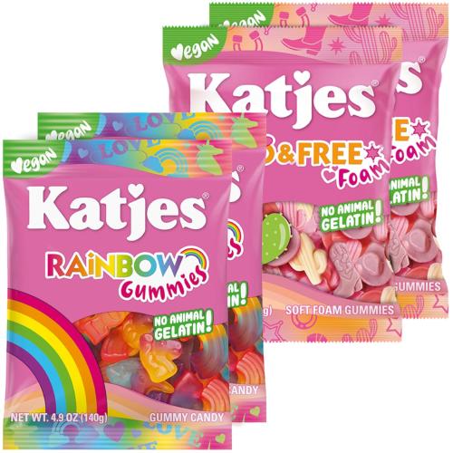 Katjes Vegan Rainbow and Wild and Free Foam Gummy Variety, Pack of 4, 4.9oz
