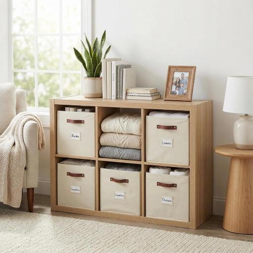 DECOMOMO Storage Bins, Cube Storage Bin with Labels, Fabric Storage Cubes for Shelves (10.5 x 11 / 6pcs, Beige)