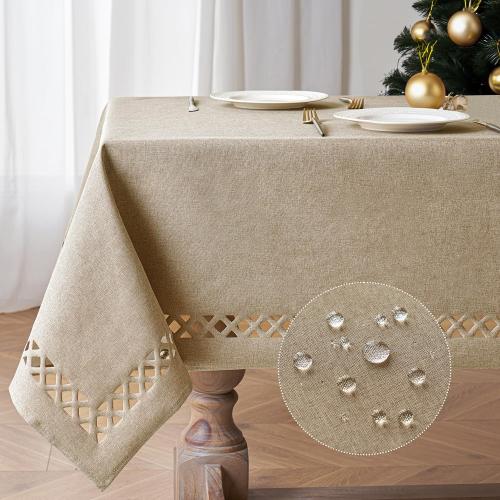 MIULEE Beige Thick Polyester Linen Rectangle Tablecloth Decorative Cutouts Waterproof Stain and Wrinkle Resistant Table Cloth Burlap Farmhouse Table Cover for Dining Party Wedding, 55 x 84 inch