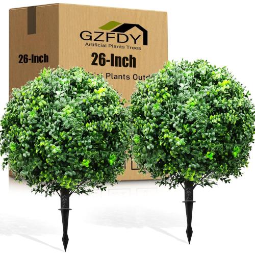 26-Inch Artificial Topiary Boxwood Ball Trees (Set of Two) – Lifelike, UV-Resistant Decor for Indoor & Outdoor Use – Enhance Your Space with Vibrant Greenery