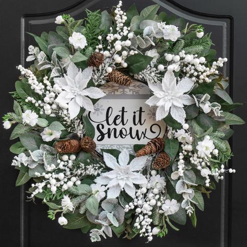 24 Inch Winter Wreaths for Front Door Outside, Outdoor Winter Wreath with Christmas Flowers and Pinecones, Artificial Flocked Christmas Wreath with White Berries-Winter Decorations for Home
