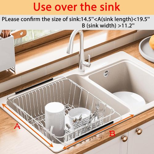 NiuYichee Stainless Steel Dish Drying Rack(15L X 11W X 4.1H), Expandable Fruit & Vegetable Drain Rack over Sink, Dish Drainer Rack in Sink, with Stainless Steel Utensil Holder & Silicone Mat(16)