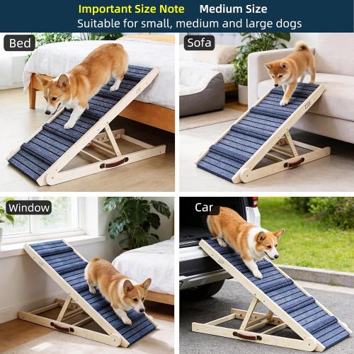 ZJSF Foldable Dog Ramp for High Bed, Wooden Dog Stairs to Bed for Small and Large Dogs, High Traction Platform with 6 Adjustable Heights (12.2-26), 40 L, Supports up to 180 lbs