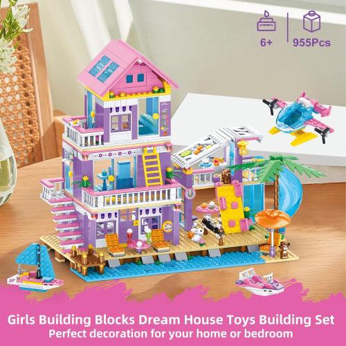 955 Piece Beach House Building Set,Seaside Beach Villa Building Toys Friends Vacation Hut Blocks Set,STEM BuildingToys with Helicopter,Yacht,Sailboat,Christmas Birthday Gift for Girl Age 6-12