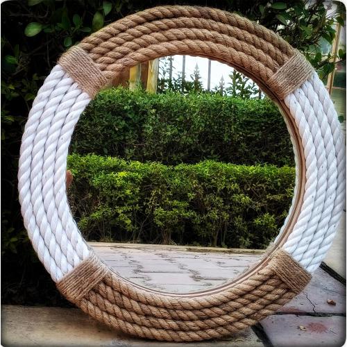 White and Brown Round rope wall mirror, 18 inch, Rustic Farmhouse Hanging Mirror for Bathroom, living Room - Nautical Coastal Decor.