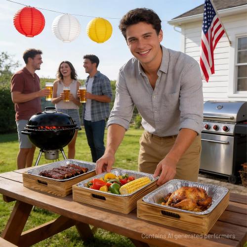Tnstbiee 3-Pack Wooden Holders for 9x13 Foil Pans - Includes 3 Disposable Aluminum Foil Pans - Rustic Handcrafted Food Carrier - Perfect for Parties, Catering & Home Kitchen - Foil Tray Display Stand‼️ 3 wooden trays & 3 foil plans included (1 foil pan bent on edge) ‼️