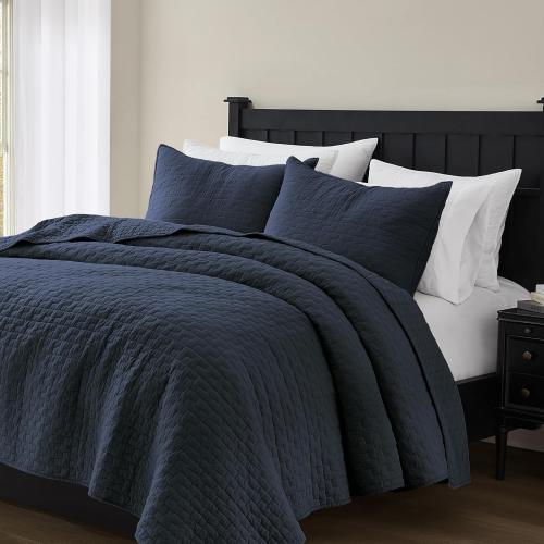 palassio Navy Blue 100% Cotton Quilt Twin Size Bedding Sets with 1 Pillow Sham, Textured Lightweight Soft Bedspread Shabby Chic Coverlet, Quilted Comforter Bed Cover for All Season, 2 Pieces
