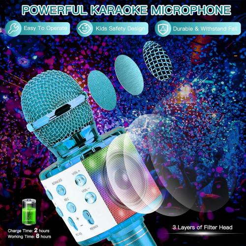 ShinePick Karaoke Microphone, 4 in 1 Wireless Microphone with LED Lights Handheld Portable Karaoke Machine, Home KTV Player, Compatible with Android & iOS Devices(Blue)