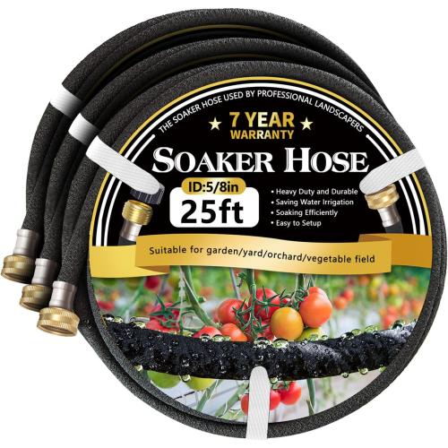 Hopegiver 5/8’’ Soaker Hose 25 ft Heavy Duty Garden Soaker Hoses with Solid Brass Fitting, Rubber Drip Hose for Garden Beds, Vegetable, Lawn, Trees Watering Irrigation