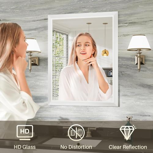 24x36 Inch White Bathroom Mirror for Wall, Thick Metal Framed Rectangle Mirrors for Over Sink, Bedroom, Living Room, Entryway, Anti-Rust, HD Tempered Glass