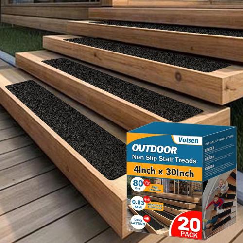VOISEN Outdoor Stair Treads, 4 x 30 20 Pack Pre-Cut Non Slip Strips, Grip Tape Adhesive, Waterproof 80 Grit Anti-Slip