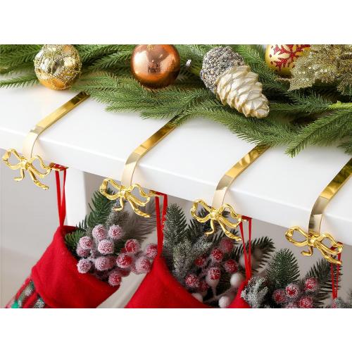 4 Pcs Christmas Bow Stocking Hangers Holder Mantle Metal Hooks Gold Christmas Stocking Clips Classic Shelf Garland Hangers for Counter Window Fireplace Xmas Party Decoration