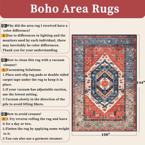 SERISSA Washable Rugs 9x12 Area Rugs, Large Non-Slip Boho Living Room Rust Rug, Ultra Soft Vintage Print Distressed Oriental Tribal Farmhouse Carpet for Dining Room Bedroom Dorm Office Home Decor