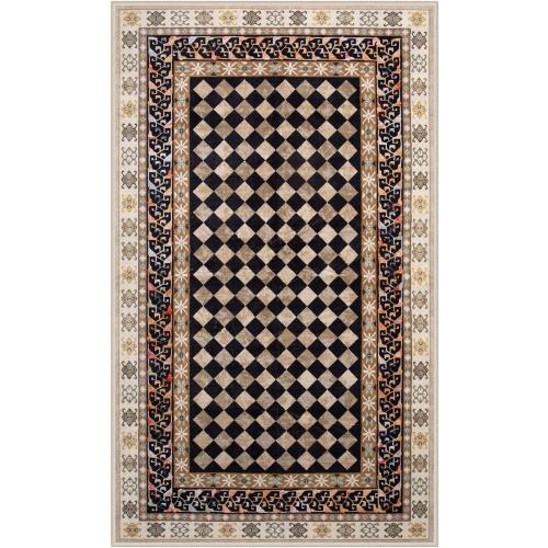 Wonnitar Washable 3x5 Checkered Kitchen Rug, Black and Brown Trellis Rugs for Bedroom, Stain Resistant Non Slip Funky Carpet Throw Rugs for Bathroom Entryway Laundry Living Room Home Decor(Black,3x5)