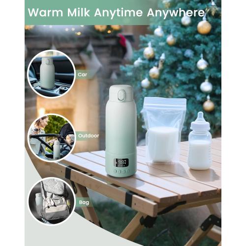 Portable Bottle Warmer Extended Battery Life - Dual Heating Modes for Breast Milk & Water, 17 Ounces, Fast Heating, Ideal for Travel, Outdoor, Baby Shower, Green