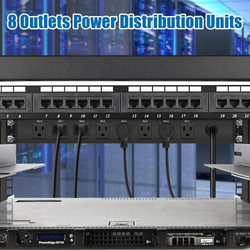 HHSOET 1U Rack Mount Surge Protection, 8 Outlet PDU Power Strip, Metal Mountable Outlet Strip with Switch,1200J, 6ft Power Cord.