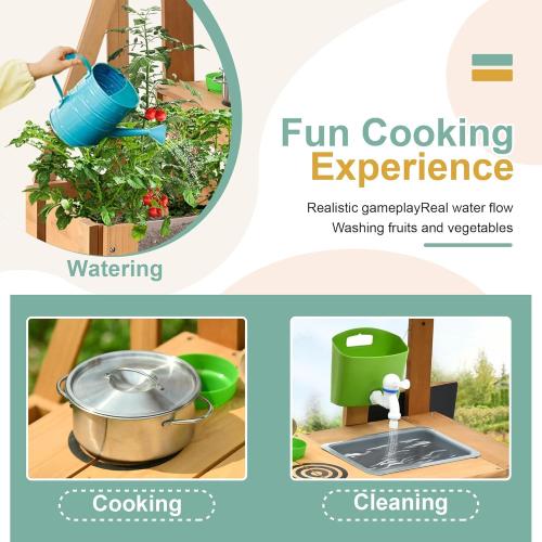 Mud Kitchen for Kids Outdoor, Wood Play Kitchen with Planter Box, Toddler Sink, Faucet, Blackboard, Water Cup and Accessories