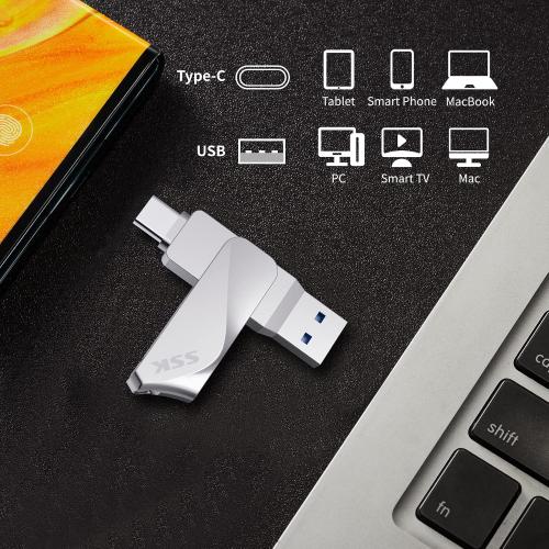 SSK 64GB USB C Flash Drive Dual Drive 2 in 1 OTG USB A 3.2 Gen 1  Type C Memory Stick Thumb Drive, Thunderbolt Pendrive up to 200MB/s Transfer Speed Photo Stick for Android Phones/Tablets/Mac/Laptop