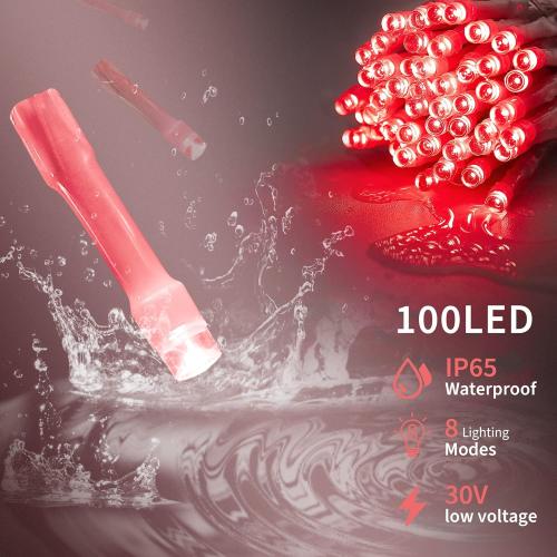 33ft 100 LED Red Christmas Lights, 8 Modes LED String Lights Outdoor Waterproof, Clear Wire LED Lights for Valentine's Day, Bedroom, Party, Christmas, Halloween Decor-Red