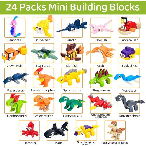 24 Packs Mini Building Blocks Animal Set with Themes of Dinosaur and Sea Creatures