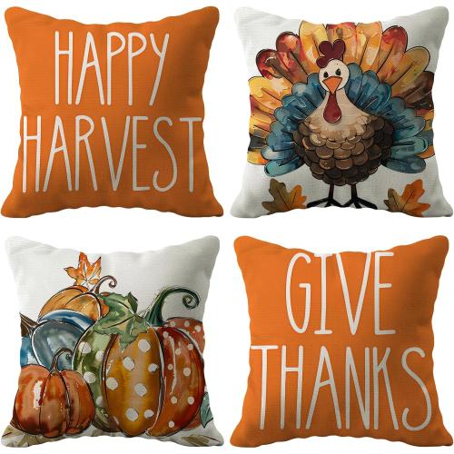Thanksgiving Turkey Pumpkin Throw Pillow Covers 18 x 18 Set of 4 Give Thanks Cushion Case for Autumn Home Outdoor Sofa Couch Decorations