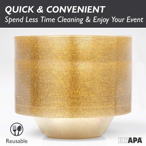Ilyapa 100 Pack 12 ounce Gold Plastic Bowls, 12 oz Heavy Duty Disposable Plastic Bowl, for Salad, Soup and Dessert, Wedding, Party Brunch, Gold Glitter