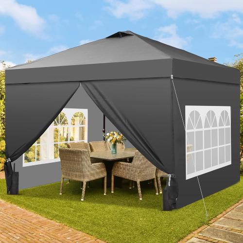 GDY 10x10 Pop Up Canopy Tent with 4 Sidewalls, Easy Set up with One Push Lift Outdoor Silver Coated Beach Gazebos, Carpas with 4 Sandbags, for Events, Parties,Camping, Gray.