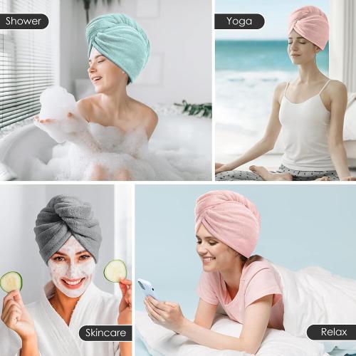 TENSTARS 5 Pack Thicken Microfiber Hair Towel Wrap for Women - Elastic Loop Design - 320GSM Coral Velvet - Quick Dry Hair Turban - 11x28 Inch (Grey Pink Brown FrozenBlue FrozenBerry)