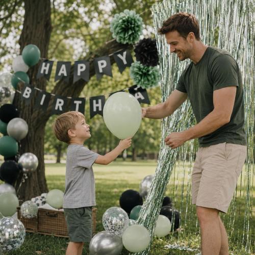 ANSOMO Sage Green and Black Happy Birthday Party Decorations Men Boys