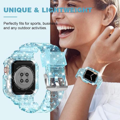 XYF Compatible for Crystal Clear Apple Watch Bands 45/44mm GlitterBlue | Sport Strap & Bumper Case Cover for Men Women, Crystal Clear Jelly, Compatible iWatch Ultra 3 2 Series 11 10 9 8 7 SE 6 5 4 3
