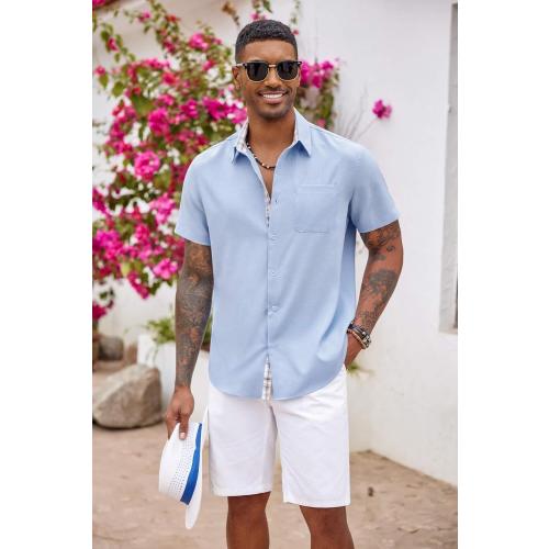Size L..COOFANDY Men's Button Down Shirts Short Sleeve Casual Shirts Summer Beach Shirts Vacation Wedding Shirts with Pocket