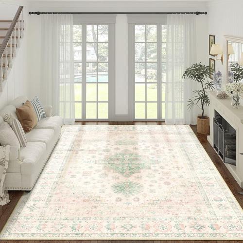 MUJOO 8x10 Area Rugs,Washable Rugs for Living Room Dining Room Bedroom,Large Boho Throw Carpet,Non Slip Big Indoor Low Pile Light Pink and Green