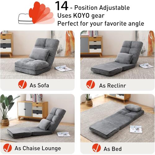 Indoor Floor Chaise Lounge Sofa Chair for Adults, 14-Angle Adjustable Recliner with Back Support & Pillow, Foldable Floor Lounger, Comfort for Living Room, Reading, Relax - Grey