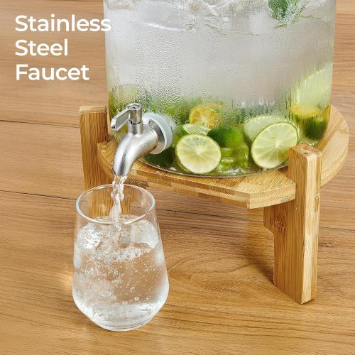 Size 2.9 Beverage Dispenser 2.9 Gallon with Spigot Glass Water Dispenser for Parties, Bars, Restaurants (11L）with Wood Stand Drink Dispensers
