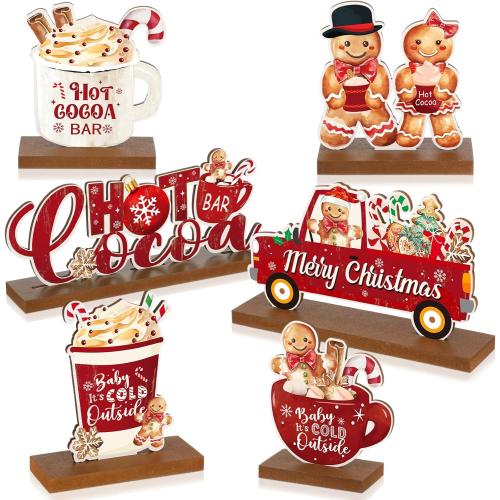 Gerrii 6 Pcs Christmas Table Decoration Wooden Hot Cocoa Table Sign Merry Christmas Gingerbread Man Tabletop Centerpiece Gift for Xmas Winter Coffee Bar Holiday Party Home Desk Shelf