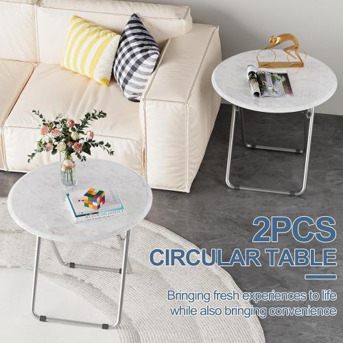 TV Tray Table, Round Folding Table, Foldable Snack Tray for Eating, Small Folding Table Set of 2, Dinner Table for Couch, Living Room, Small Space (White Marble, 2Pcs)