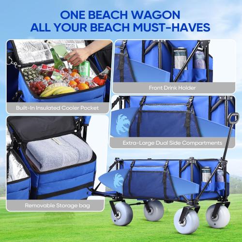 Blue Beach Wagon with Big Wheels for Sand, Extra Large Beach Cart with All-Terrain Balloon Wheels, Heavy Duty Folding Wagon, Adjustable Handle, for Outdoors & Fishing