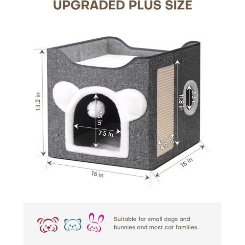 Cat Houses for Indoor Cats, Large Cat Cave with Fluffy Ball and Scratch Pad, Covered Cat Bed House, Foldable Cat Hideaway