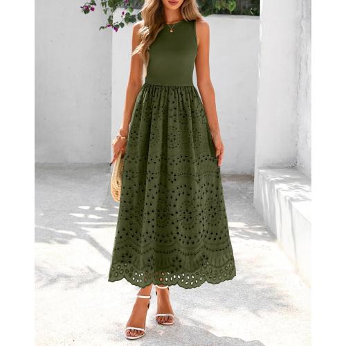 Size L...dowerme Women Summer Dresses 2026 Casual Sleeveless Crewneck A-Line Boho Lace Eyelet Cotton Tank Maxi Dress with Pockets